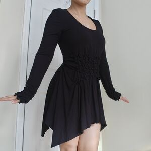 Dusak Designs XS Black Smocked Ruched Mini Dress Ruffle Handkerchief Hem Witchy